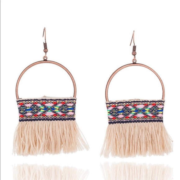 Boho Tribal Woven Yarn Tassel Drop Earrings - Picture 2 of 3